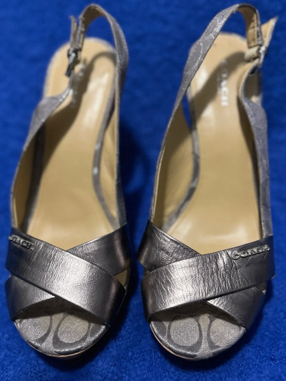 COACH FERRY WEDGES: Metallic Gray Slingback Sandals - Women
